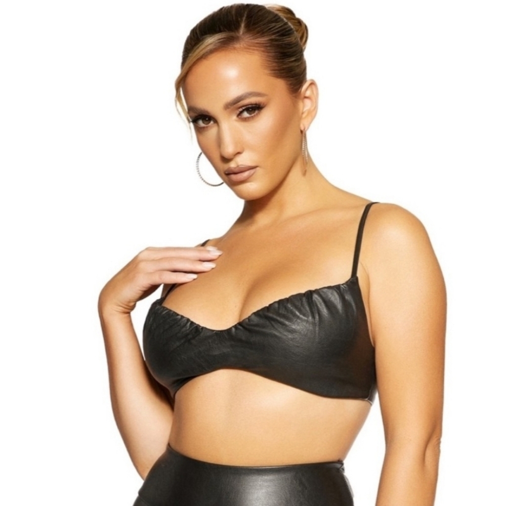 Naked Wardrobe Black Faux Leather Bralette Top Size Small